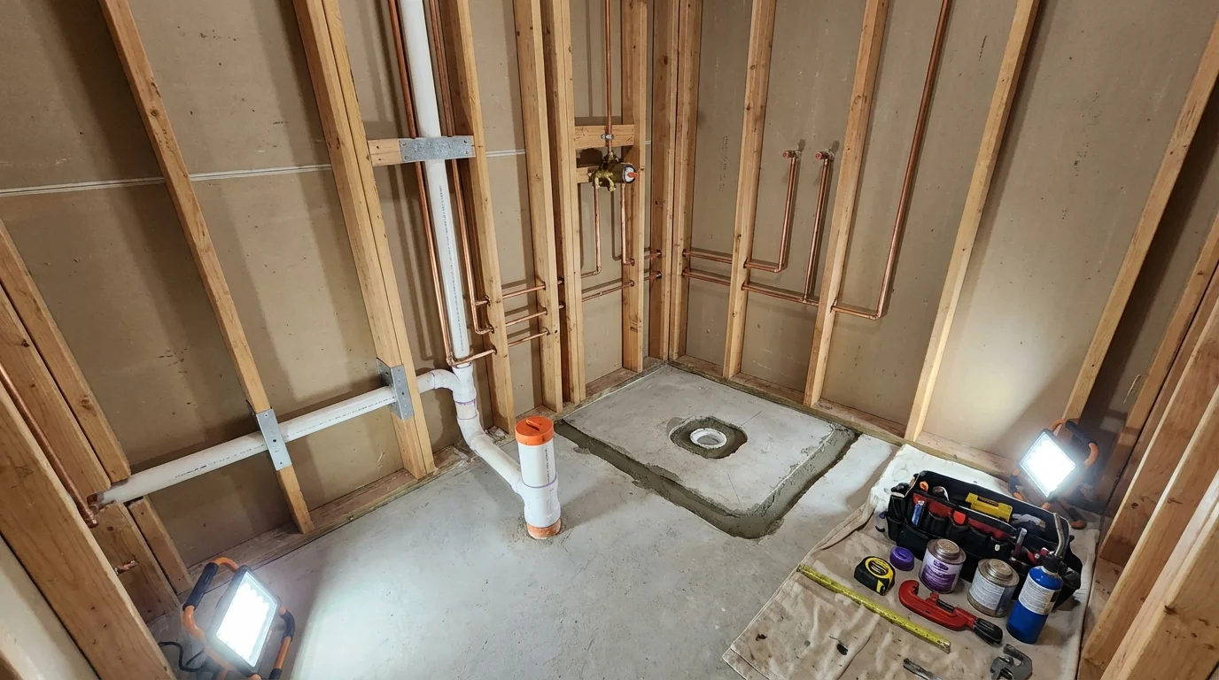 Bathroom rough-in plumbing during remodel by Johns Plumbing LLC in Evanston
