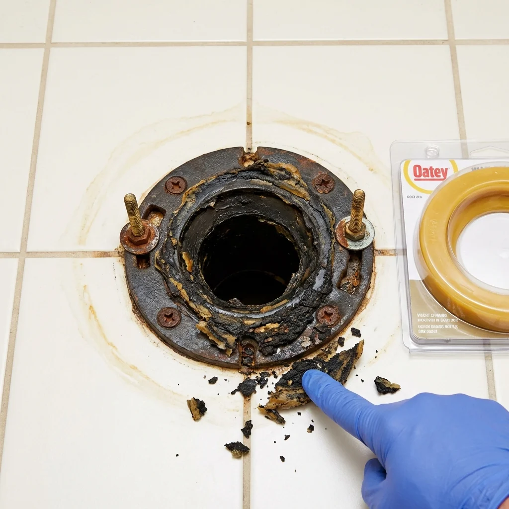 Failed wax ring showing water seepage at the base of a toilet in a Evanston, WY home