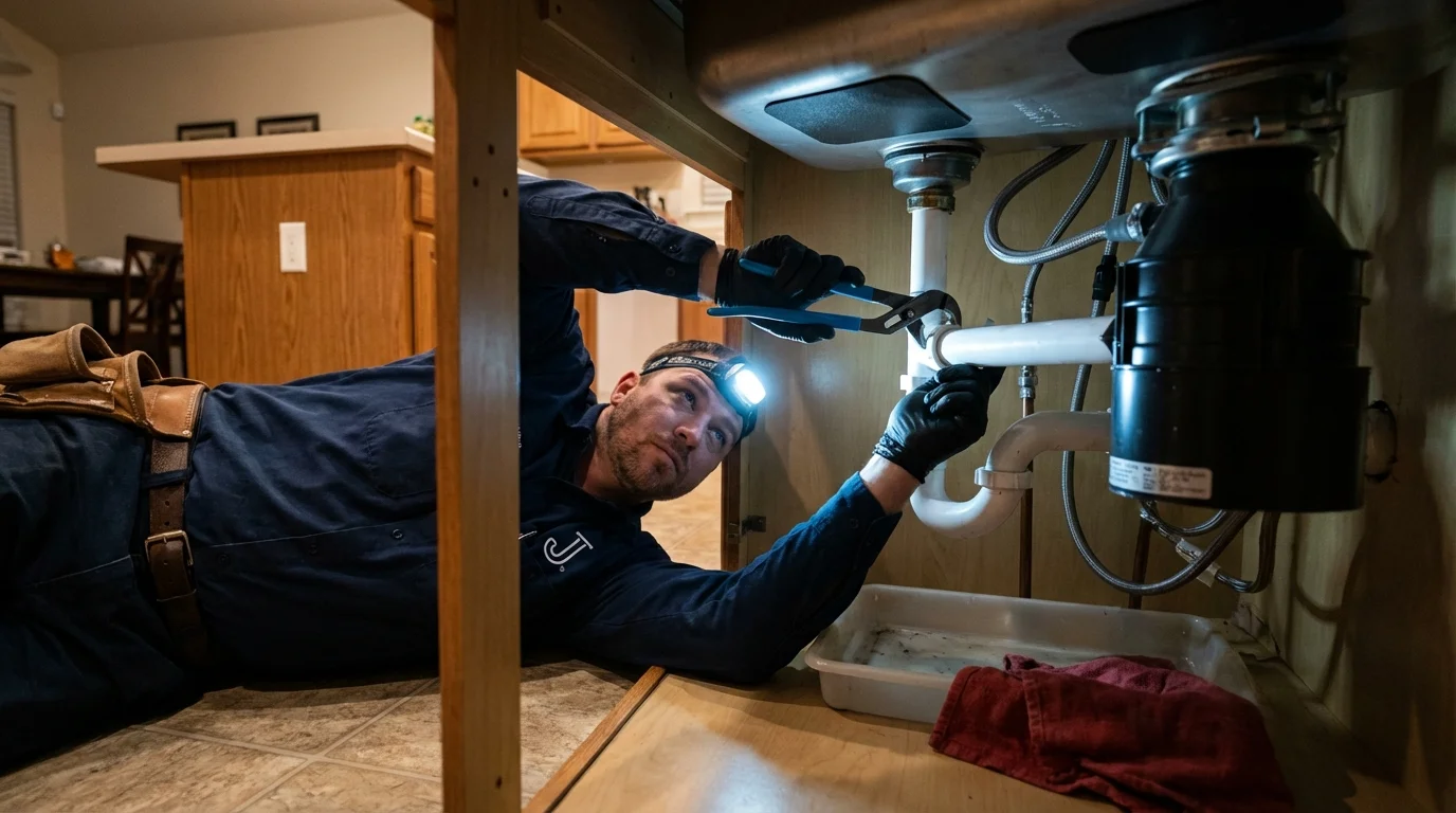 P-trap and supply line connections under a kitchen sink showing a common leak point in Evanston, WY